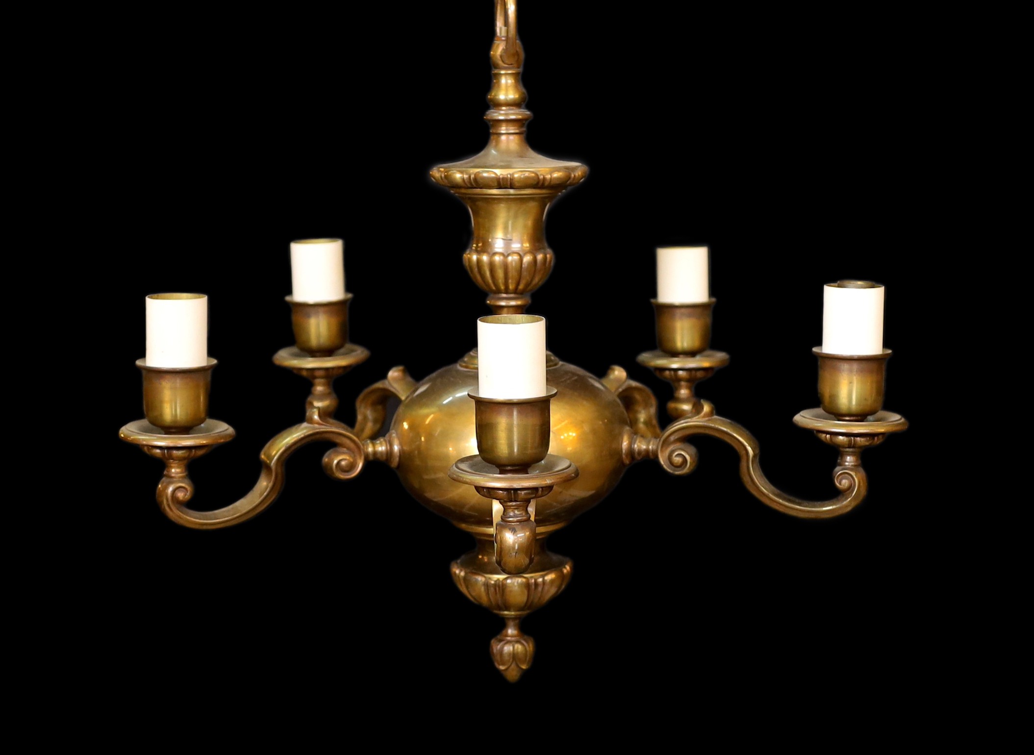 A 1930's English bronzed five light chandelier, height 48cm. width 50cm.
